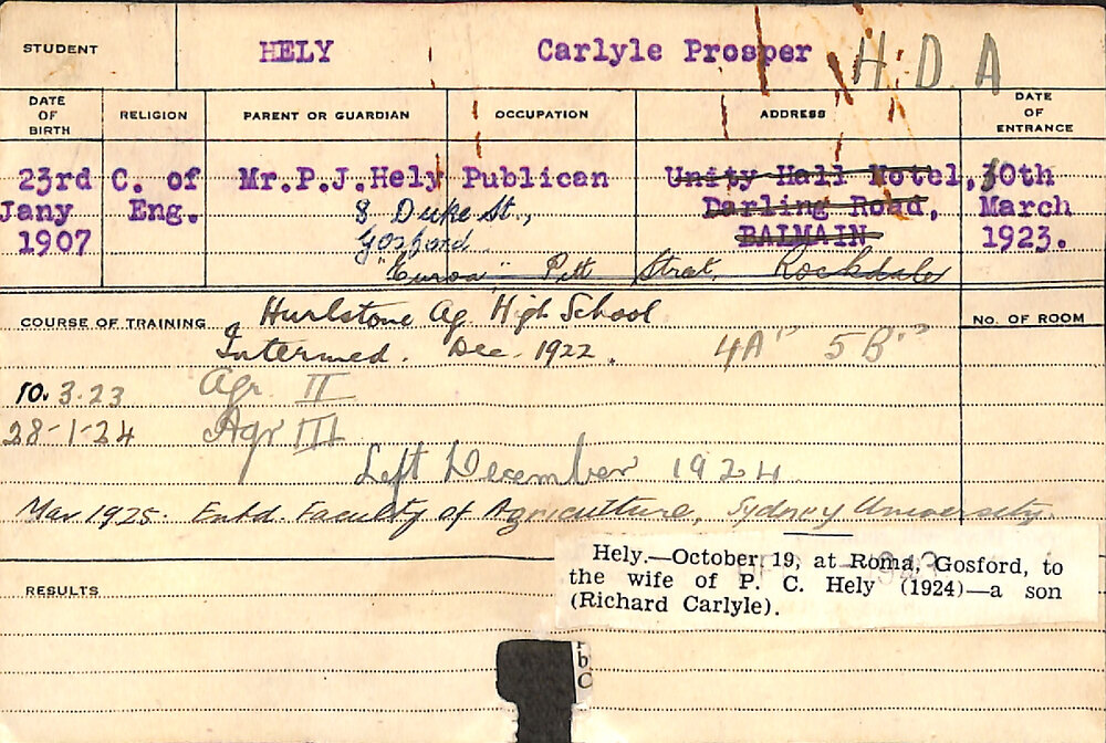 HELY, Carlyle Prosper (Hawkesbury Diploma of Agriculture (HDA))