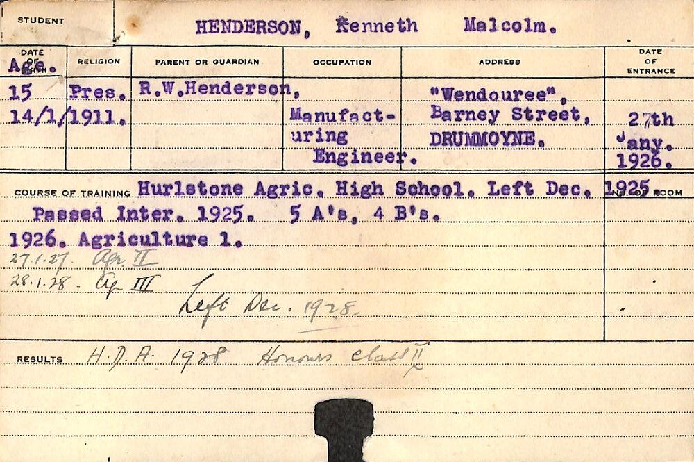 HENDERSON, Kenneth Malcolm (Hawkesbury Diploma of Agriculture (HDA))