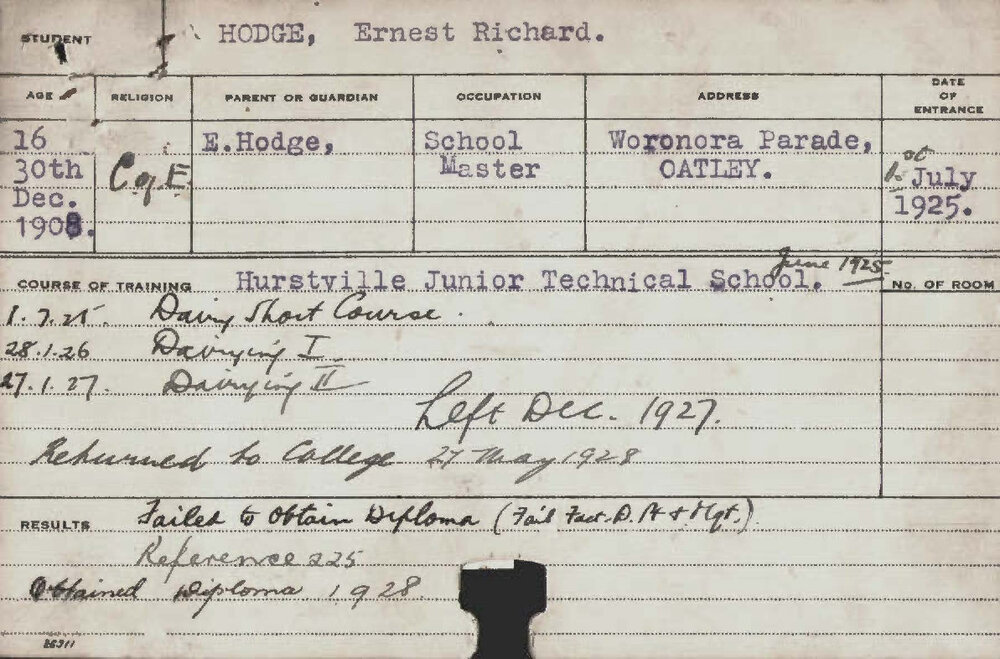 HODGE, Ernest Richard (Hawkesbury Diploma in Dairy (HDD))