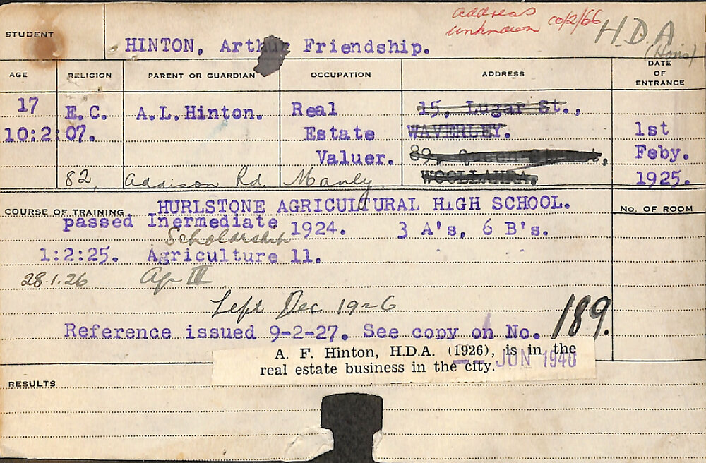 HINTON, Arthur Friendship (Hawkesbury Diploma of Agriculture (HDA))