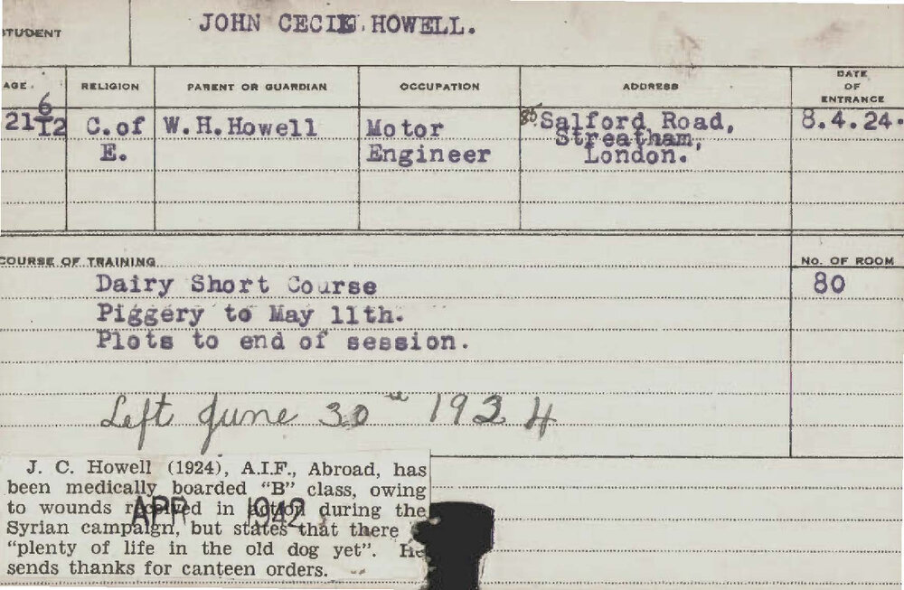 HOWELL, John Cecil (Dairy short course, Piggery &amp; Plots)