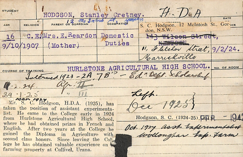 HODGSON, Stanley Cretney (Hawkesbury Diploma of Agriculture (HDA))