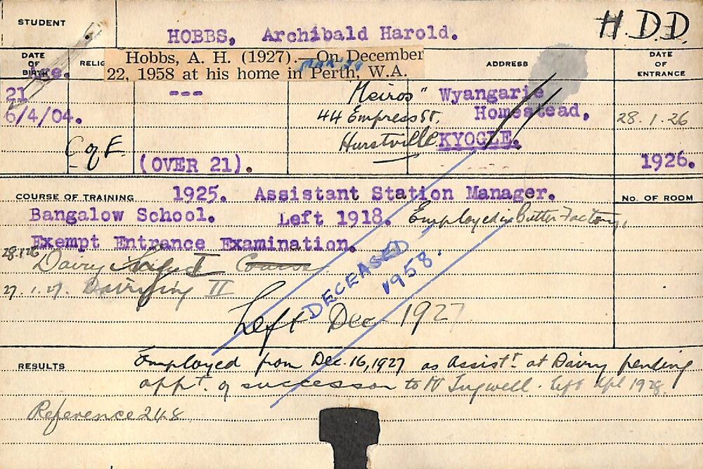 HOBBS, Archibald Harold (Hawkesbury Diploma in Dairy (HDD))