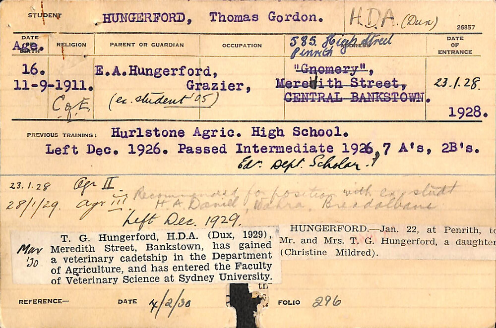 HUNGERFORD, Thomas Gordon (Hawkesbury Diploma of Agriculture (HDA))
