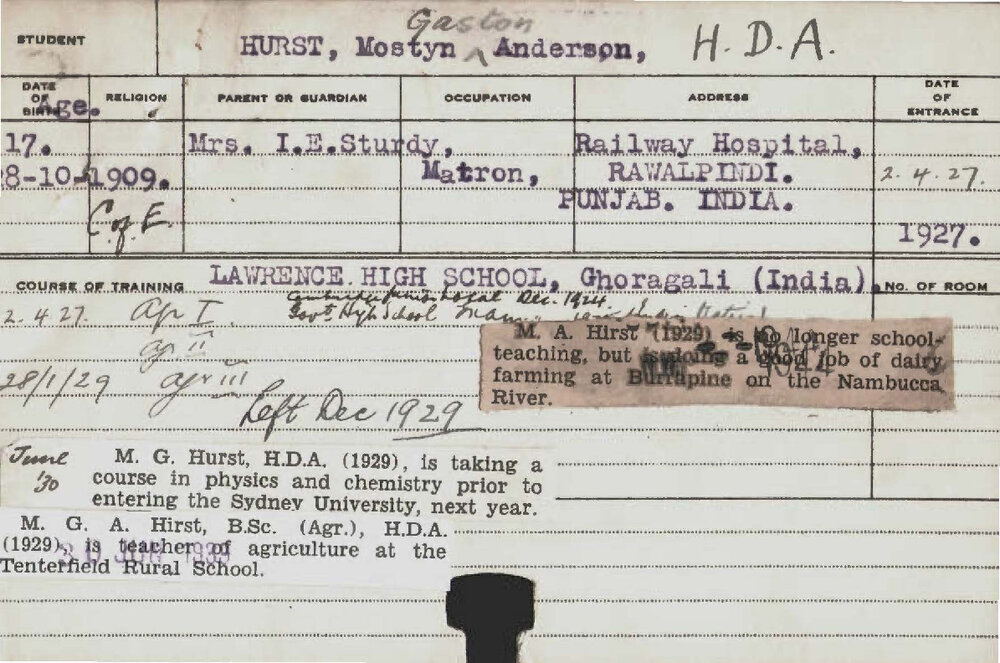 HURST, Mostyn Gaston Anderson (Hawkesbury Diploma of Agriculture (HDA))