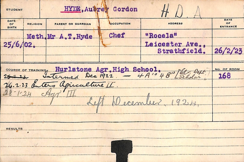 HYDE, Aubrey Gordon (Hawkesbury Diploma of Agriculture (HDA))