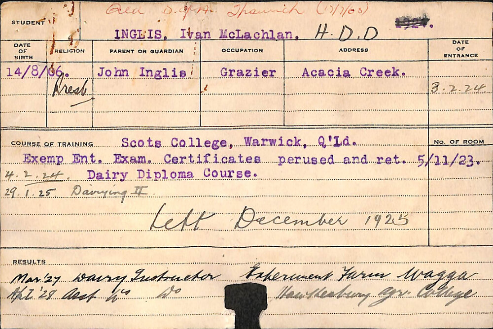 INGLIS, Ivan McLachlan (Hawkesbury Diploma in Dairy (HDD))
