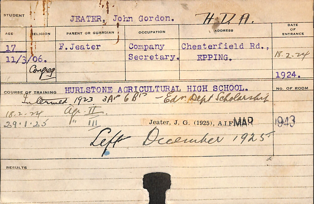 JEATER, John Gordon (Hawkesbury Diploma of Agriculture (HDA))
