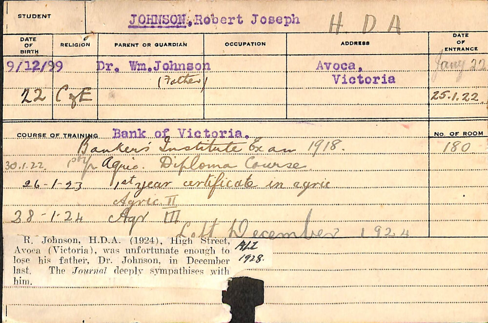 JOHNSON, Robert Joseph (Hawkesbury Diploma of Agriculture (HDA))