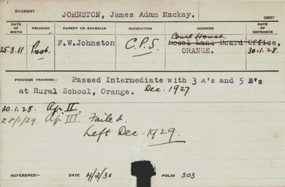 JOHNSTON, James Adam Mackay (Hawkesbury Diploma of Agriculture (HDA))