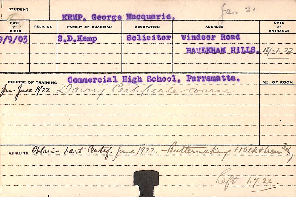 KEMP, George Macquarie (Certificate - Dairy)