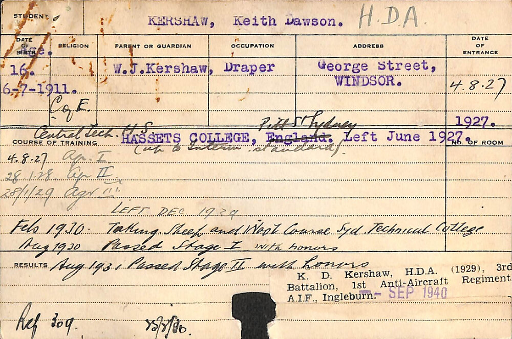 KERSHAW, Keith Dawson (Hawkesbury Diploma of Agriculture (HDA))