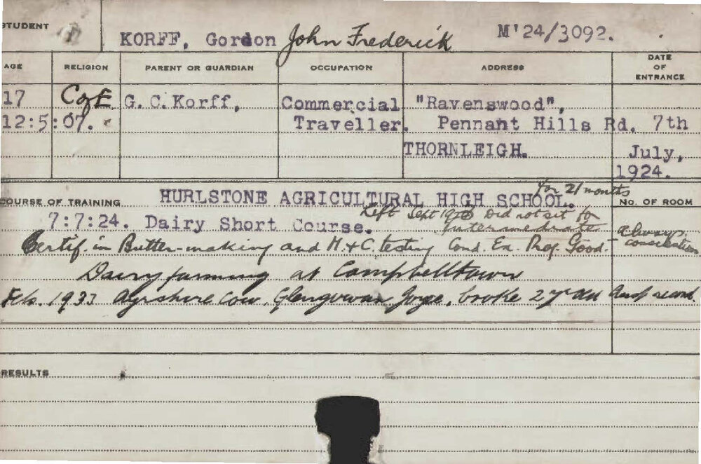 KORFF, Gordon John Frederick (Short Course - Dairy)