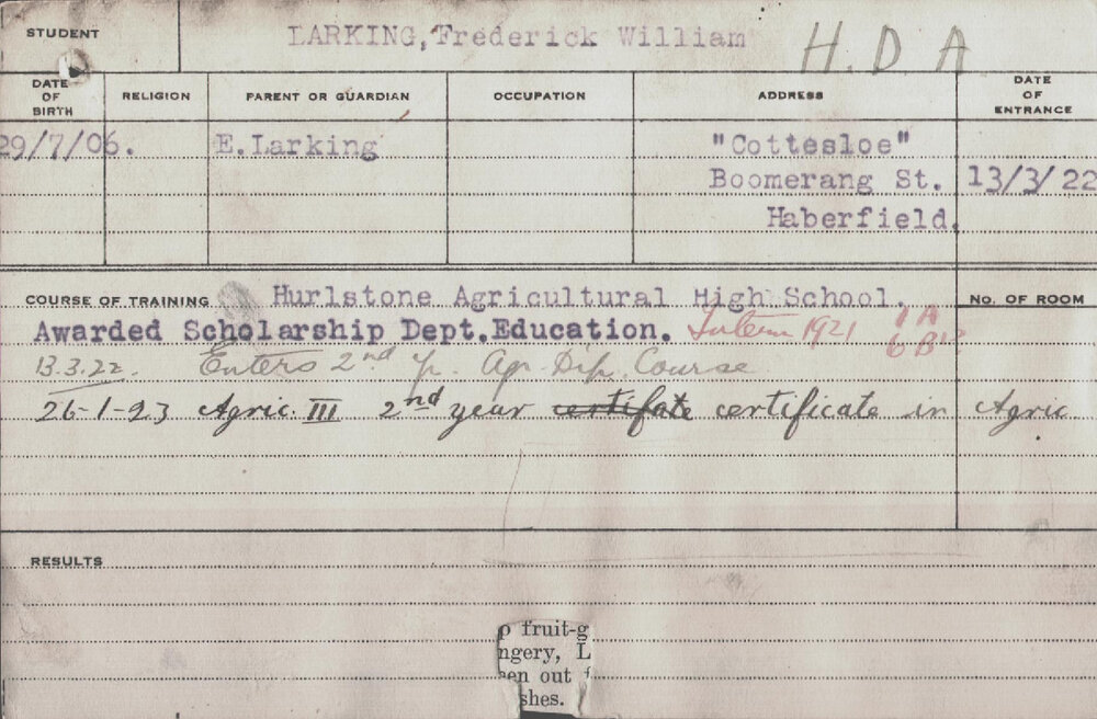 LARKING, Frederick (Hawkesbury Diploma of Agriculture (HDA))