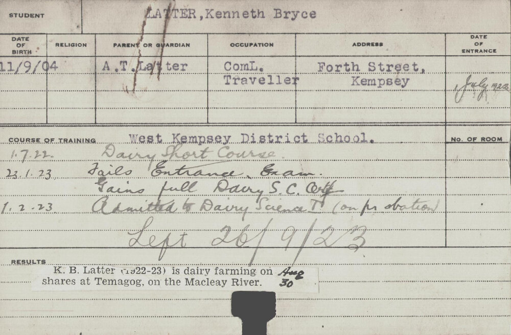 LATTER, Kenneth Bryce (Short Course - Dairy)