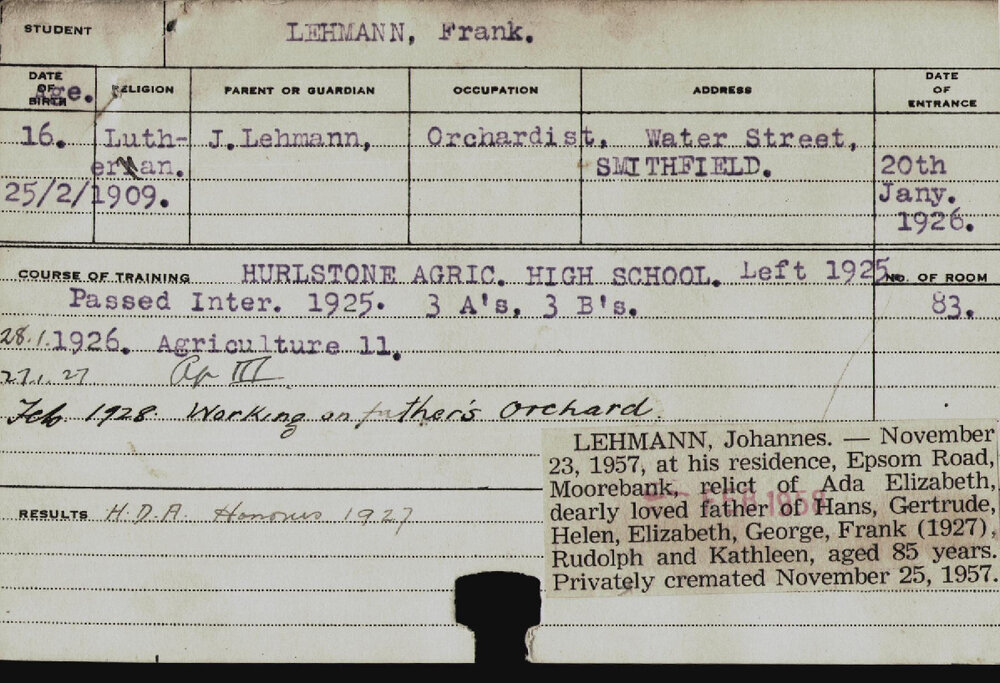 LEHMANN, Frank (Hawkesbury Diploma of Agriculture (HDA))