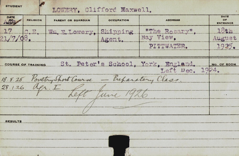 LOWERY, Clifford Maxwell (Short Course - Poultry/ Hawkesbury Diploma of Agriculture (HDA) - First Year Certificate only)