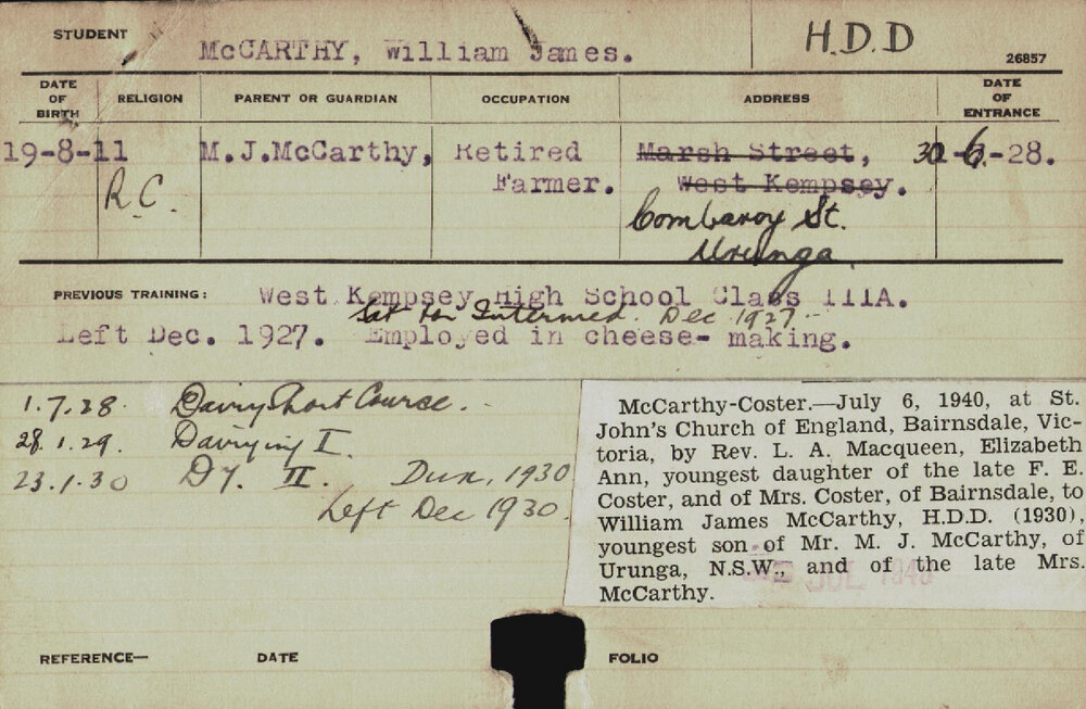 MCCARTHY, Wiliam James (Hawkesbury Diploma in Dairy (HDD))