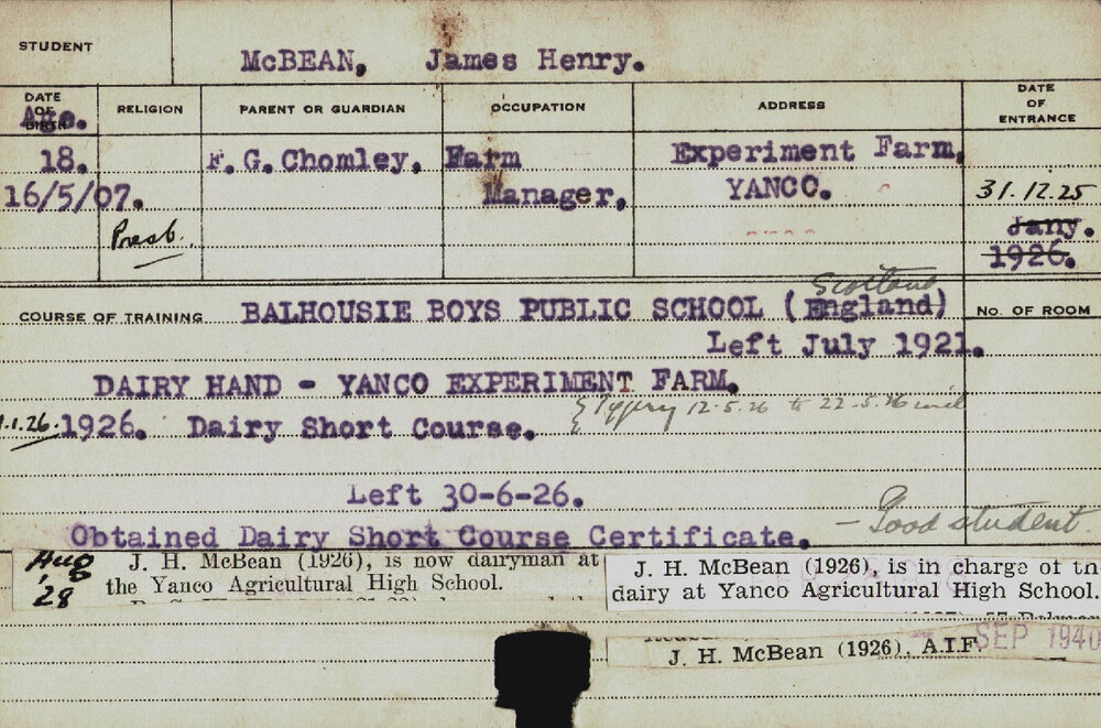 MCBEAN, James Henry (Short Course - Dairy)