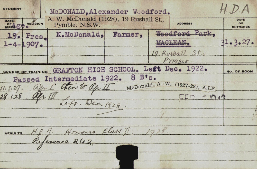 MCDONALD, Alexander Woodford (Hawkesbury Diploma of Agriculture (HDA))