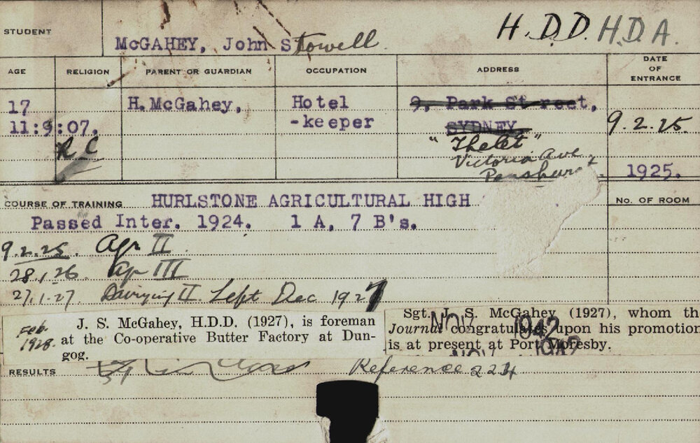 MCGAHEY, John Stowell (Hawkesbury Diploma of Agriculture (HDA)/ Hawkesbury Diploma in Dairy (HDD))