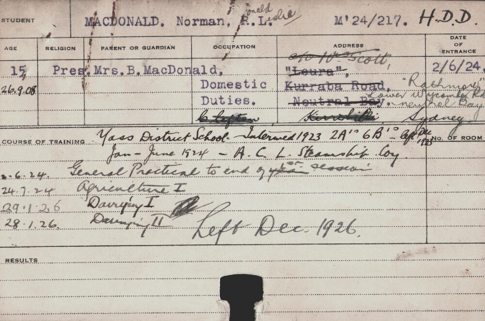 MACDONALD, Norman Ronald Leslie (Hawkesbury Diploma in Dairy (HDD))