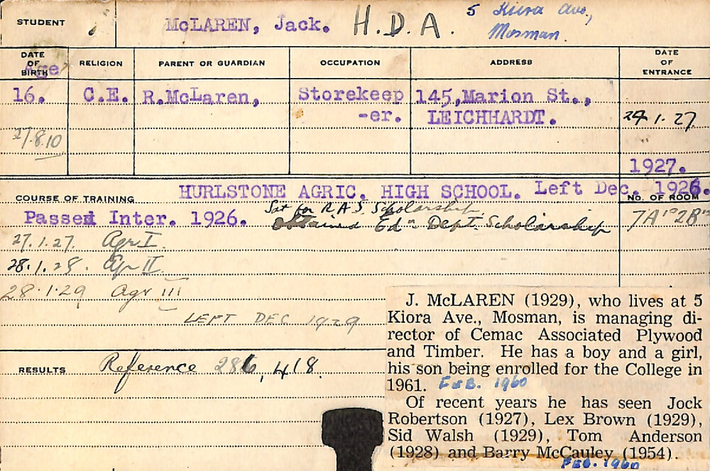 McLAREN, Jack (Hawkesbury Diploma of Agriculture (HDA))