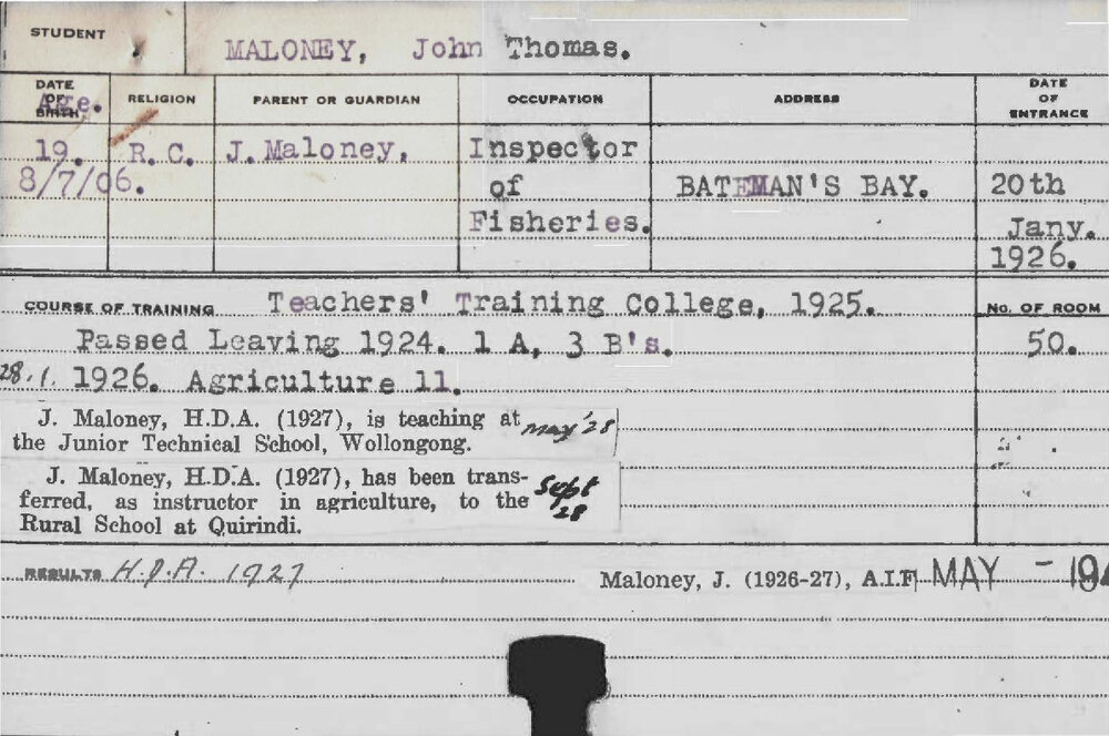 MALONEY, John Thomas (Hawkesbury Diploma of Agriculture (HDA))