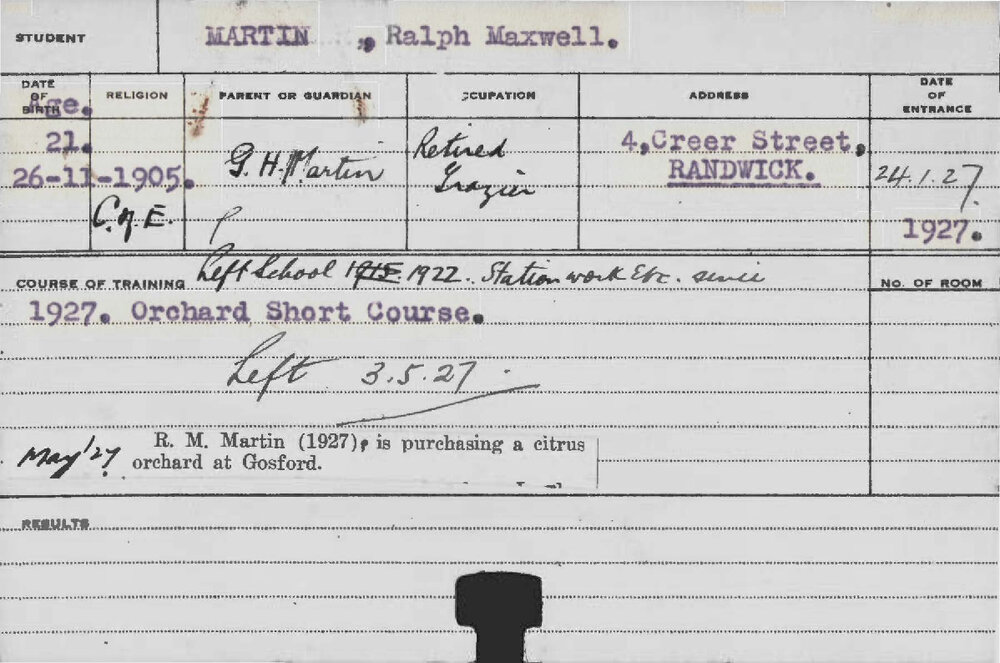 MARTIN, Ralph Maxwell (Short Course - Orchard)