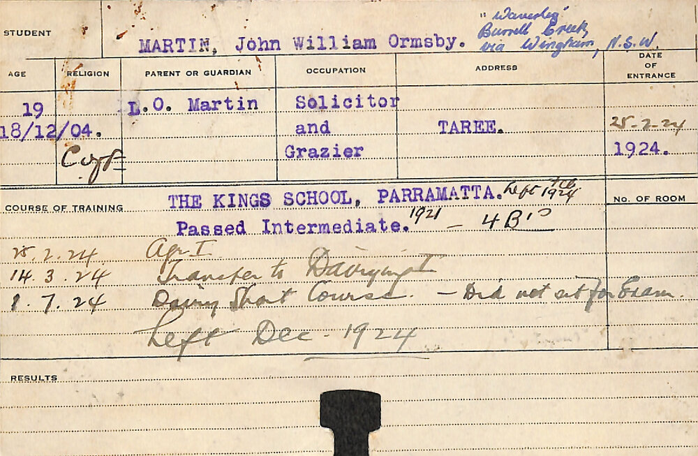 MARTIN, John William Ormsby (Short Course - Dairy)