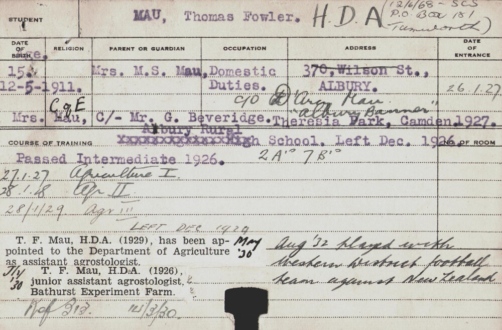 MAU, Thomas Fowler (Hawkesbury Diploma of Agriculture (HDA))