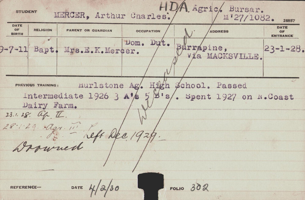 MERCER, Arthur Charles (Hawkesbury Diploma of Agriculture (HDA))