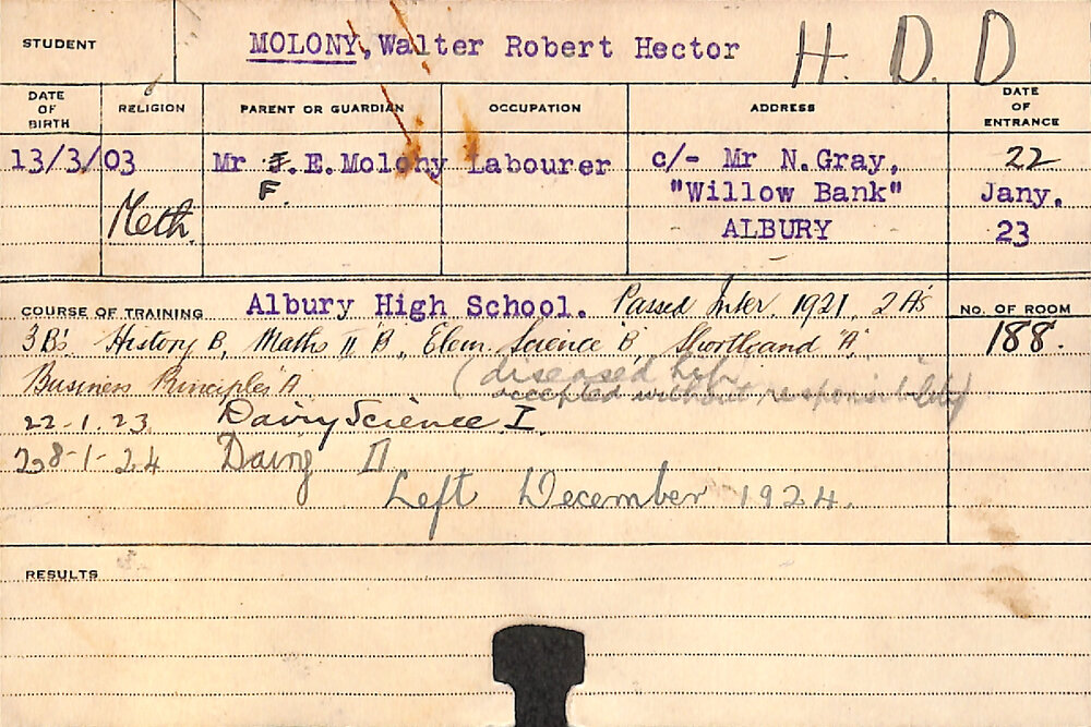 MOLONY, Walter Robert Hector (Hawkesbury Diploma in Dairy (HDD))