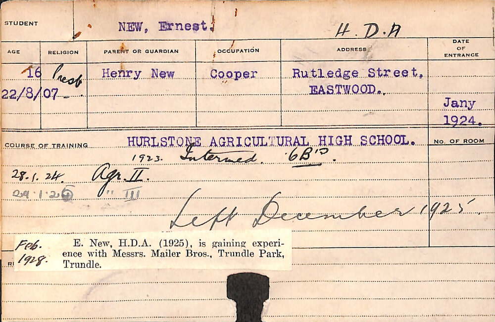 NEW, Ernest (Hawkesbury Diploma of Agriculture (HDA))
