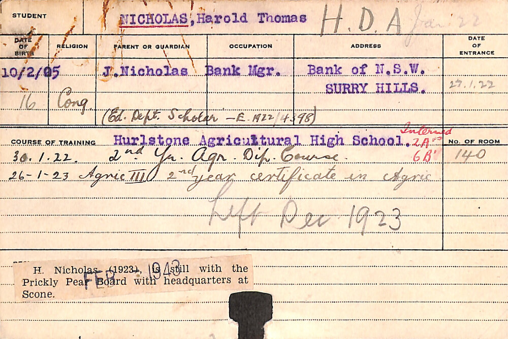 NICHOLAS, Harold Thomas (Hawkesbury Diploma of Agriculture (HDA))