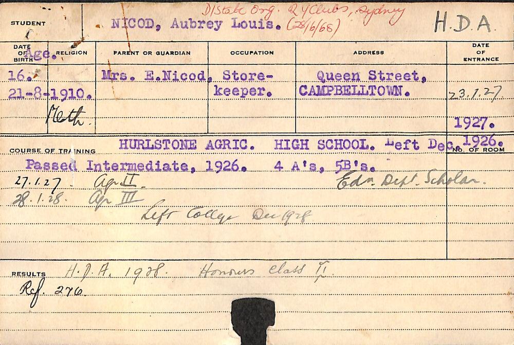 NICOD, Aubrey Louis (Hawkesbury Diploma of Agriculture (HDA))