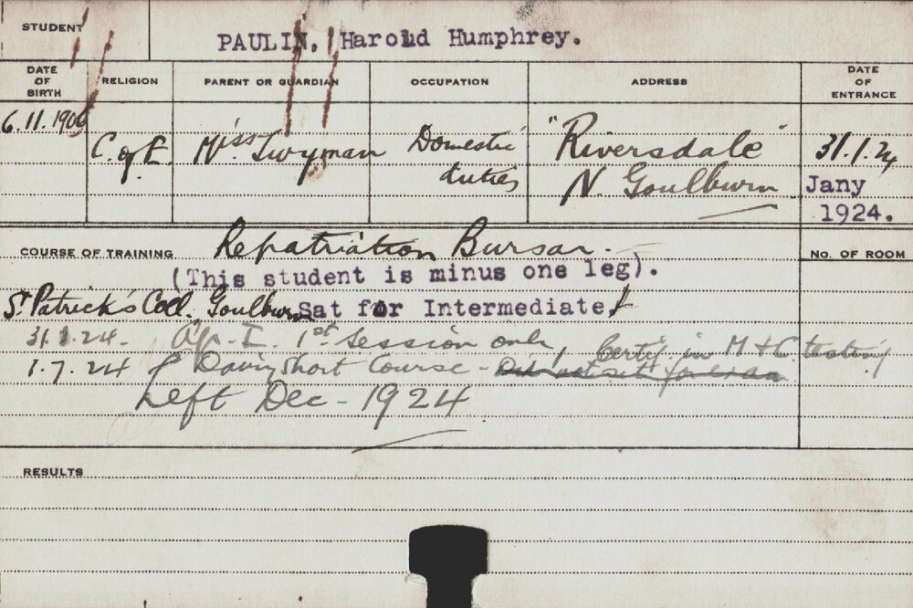 PAULIN, Harold Humphrey (Hawkesbury Diploma of Agriculture (HDA)/ Short Course - Dairy)