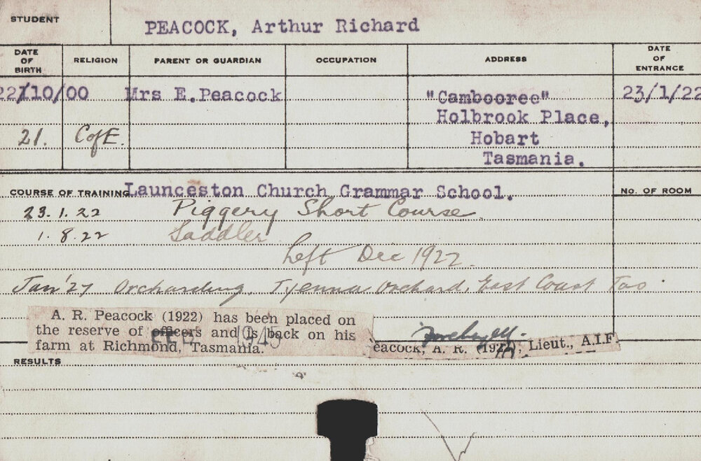 PEACOCK, Arthur Richard (Short Course - Piggery &amp; Saddler)