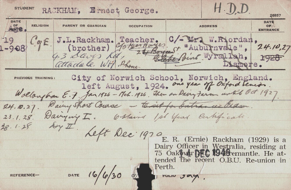 RACKHAM, Ernest George (Hawkesbury Diploma in Dairy (HDD))
