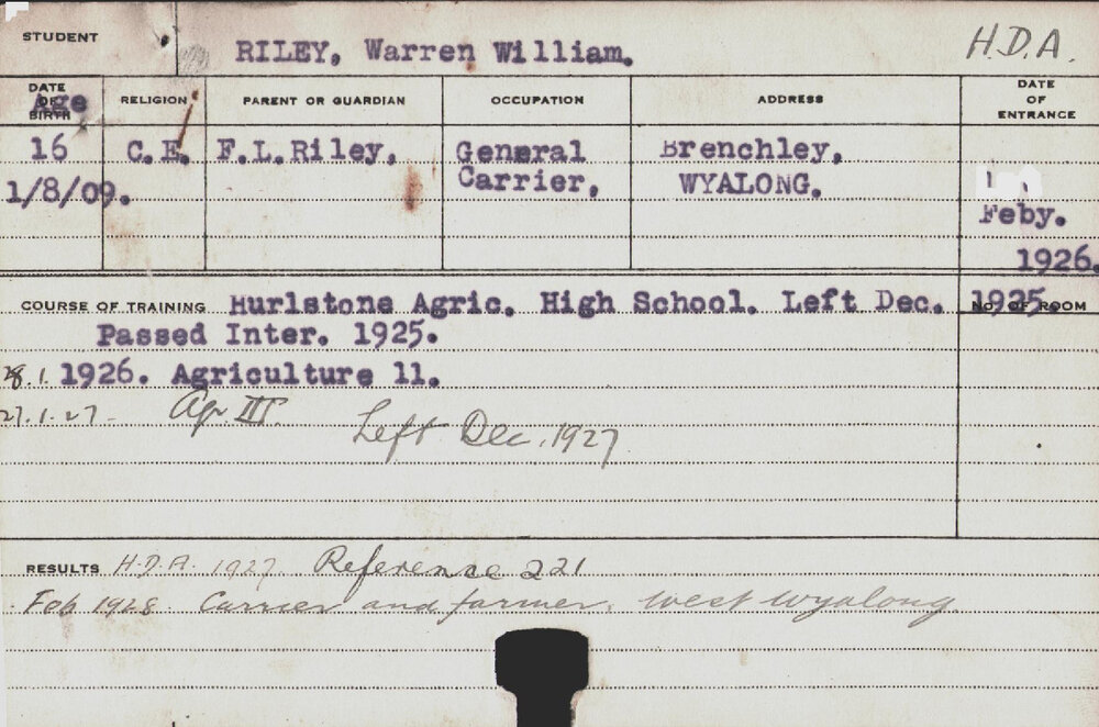 RILEY, Warren William (Hawkesbury Diploma of Agriculture (HDA))