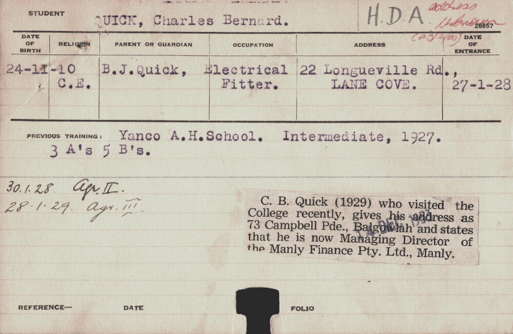 QUICK, Charles Bernard (Hawkesbury Diploma of Agriculture (HDA))