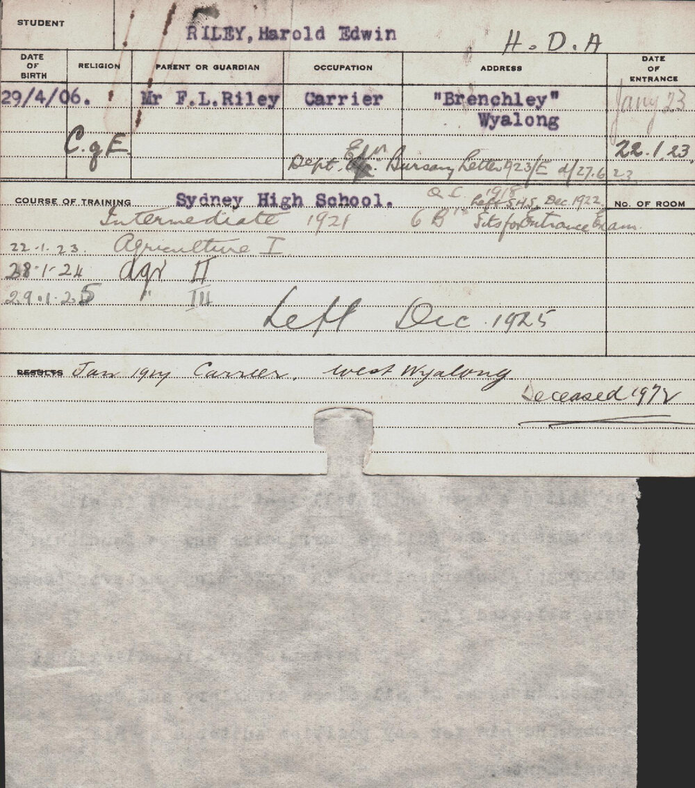 RILEY, Harold Edwin (Hawkesbury Diploma of Agriculture (HDA))