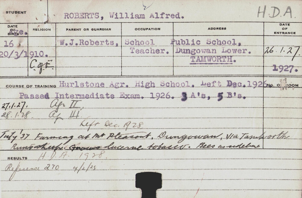 ROBERTS, William Alfred (Hawkesbury Diploma of Agriculture (HDA))