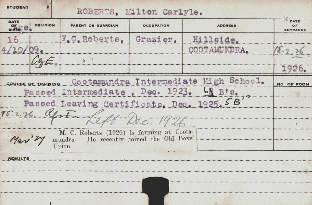 ROBERTS, Milton Carlyle (Hawkesbury Diploma of Agriculture (HDA))