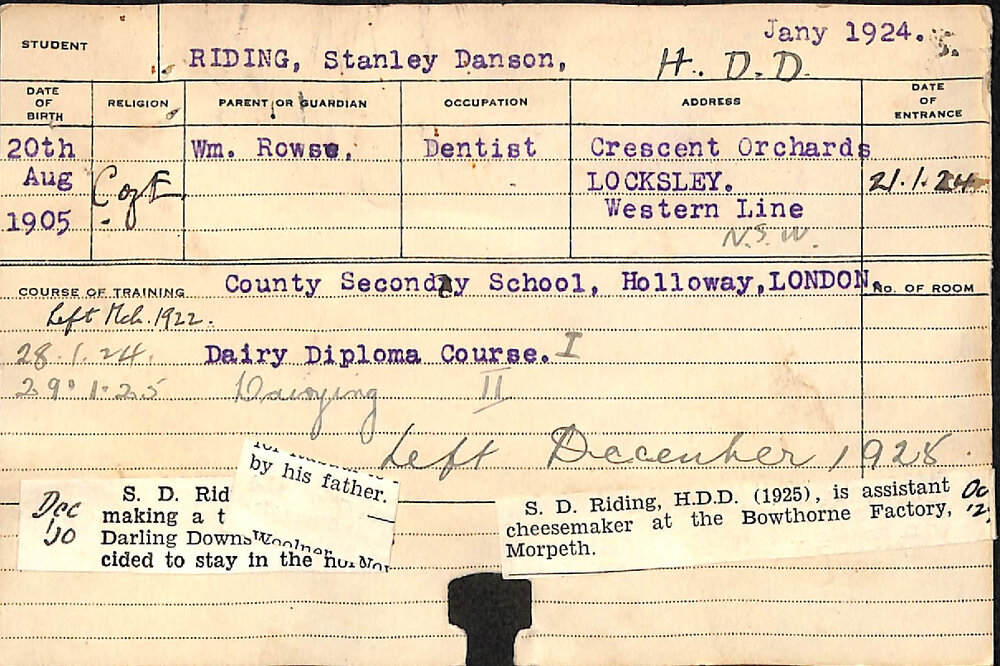 RIDING, Stanley Danson (Hawkesbury Diploma in Dairy (HDD))