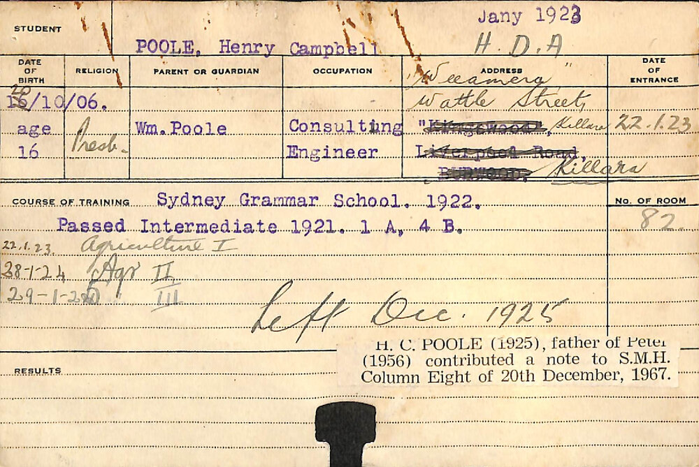 POOLE, Henry Campbell (Hawkesbury Diploma of Agriculture (HDA))