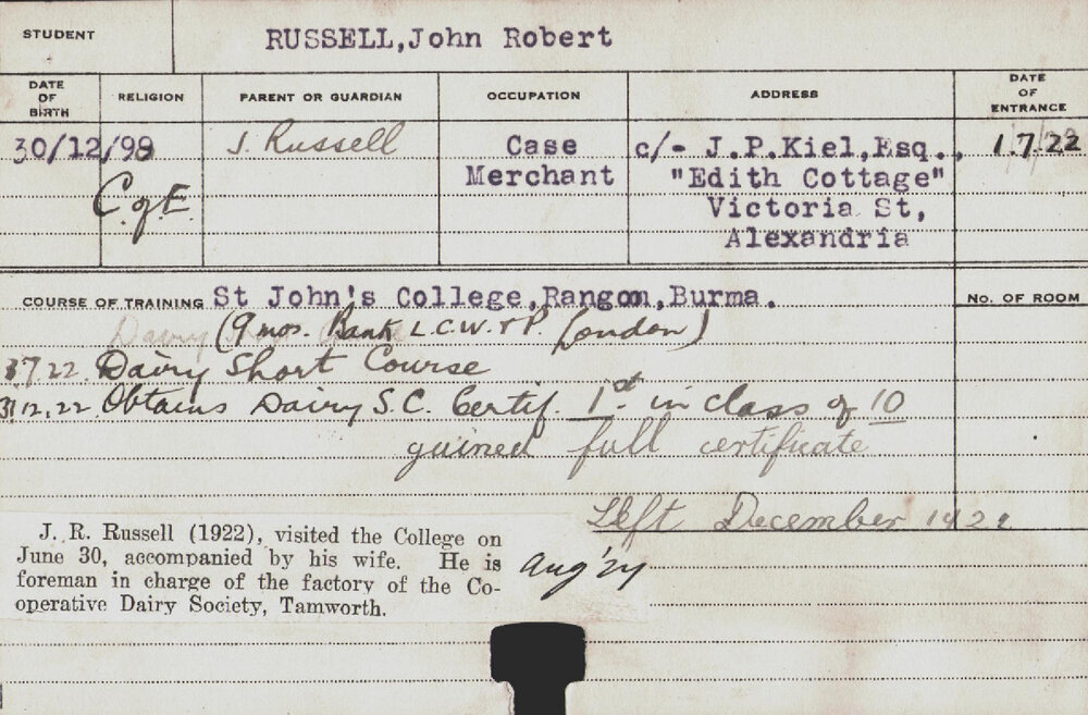 RUSSELL, John Robert (Certificate - Dairy)