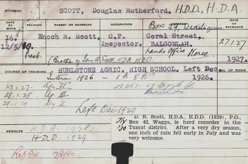 SCOTT, Douglas Rutherford (Hawkesbury Diploma of Agriculture (HDA)/ Hawkesbury Diploma in Dairy (HDD))