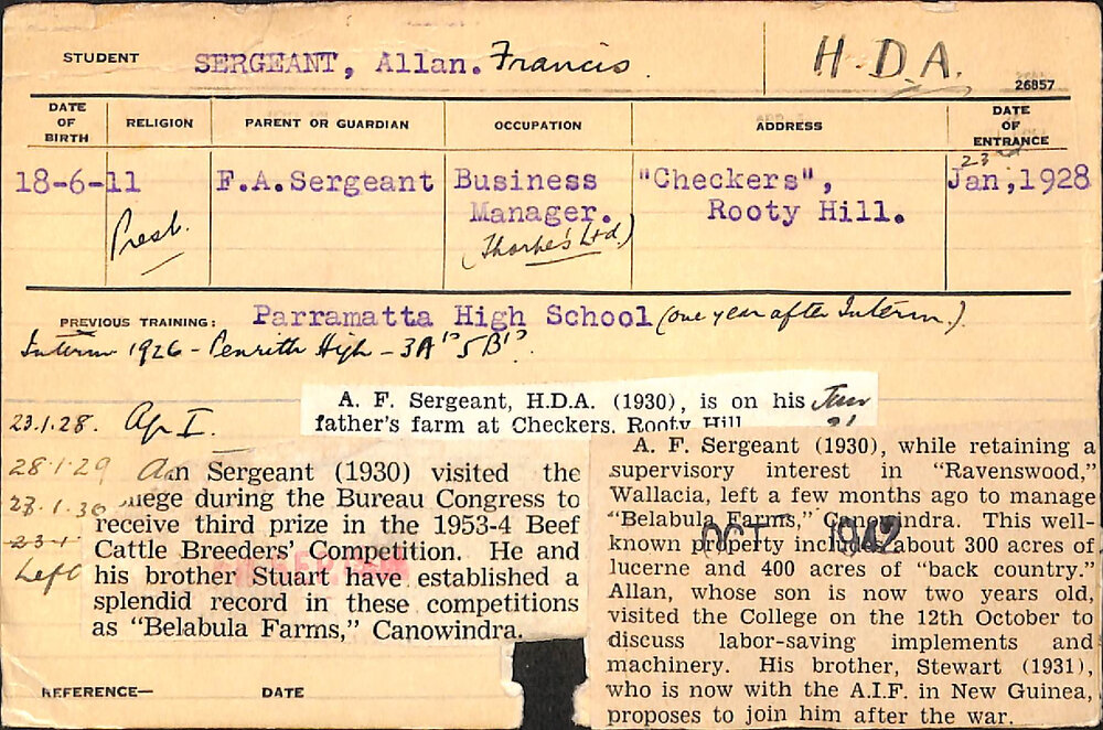 SERGEANT, Allan Francis (Hawkesbury Diploma of Agriculture (HDA))