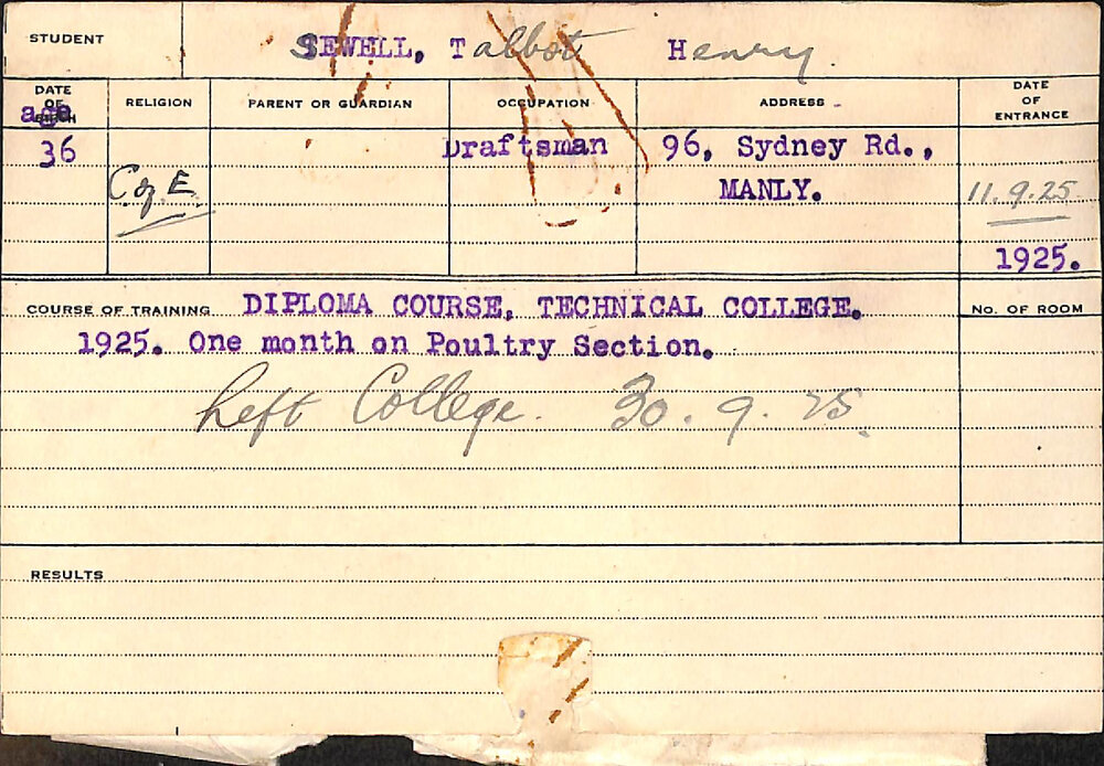 SEWELL, Talbot Henry (Course Not Identified)